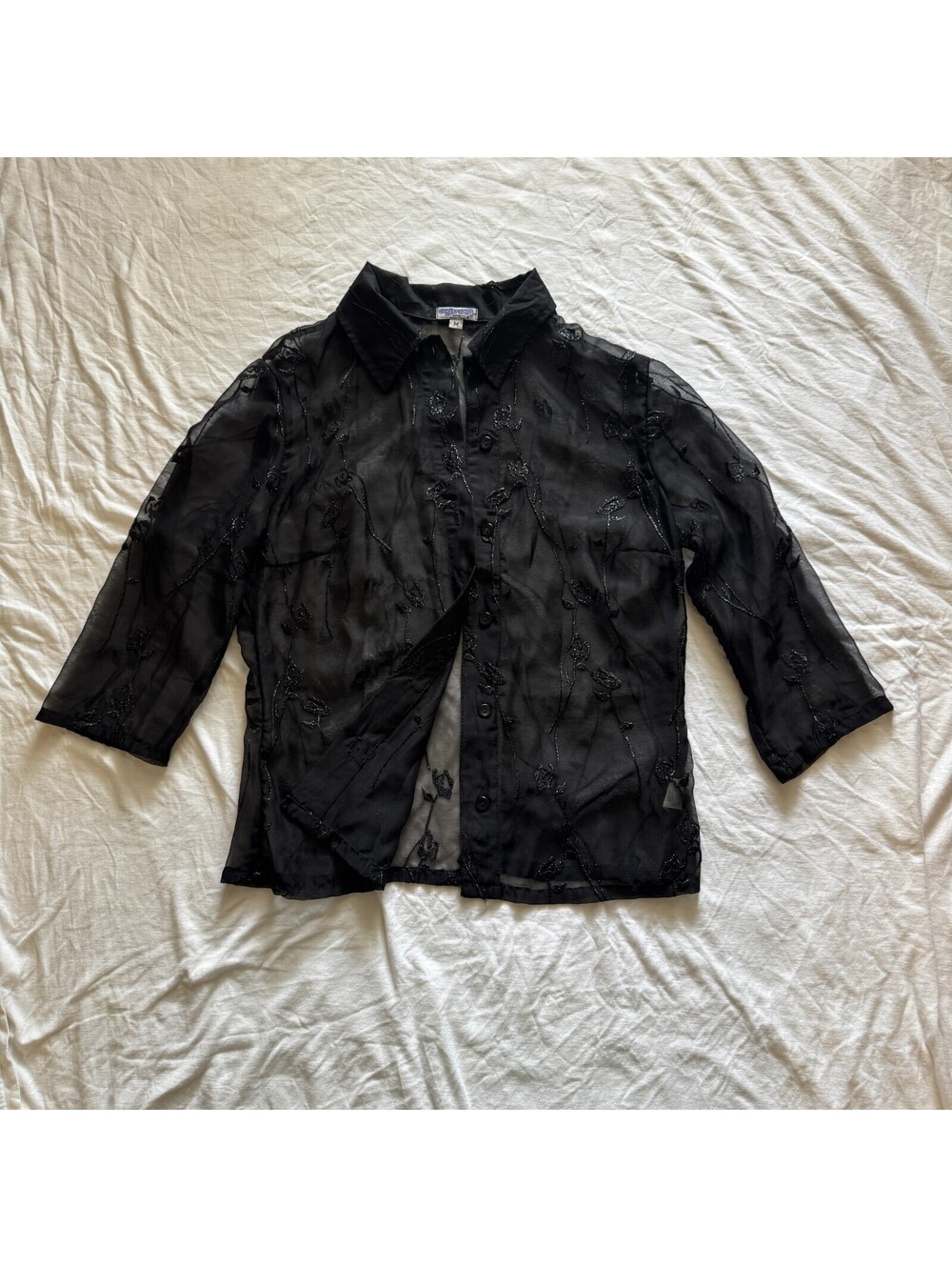Y2K Whimsigoth Witchy Grunge Sheer Black Floral Embroidered 3/4 Sleeve Blouse, M